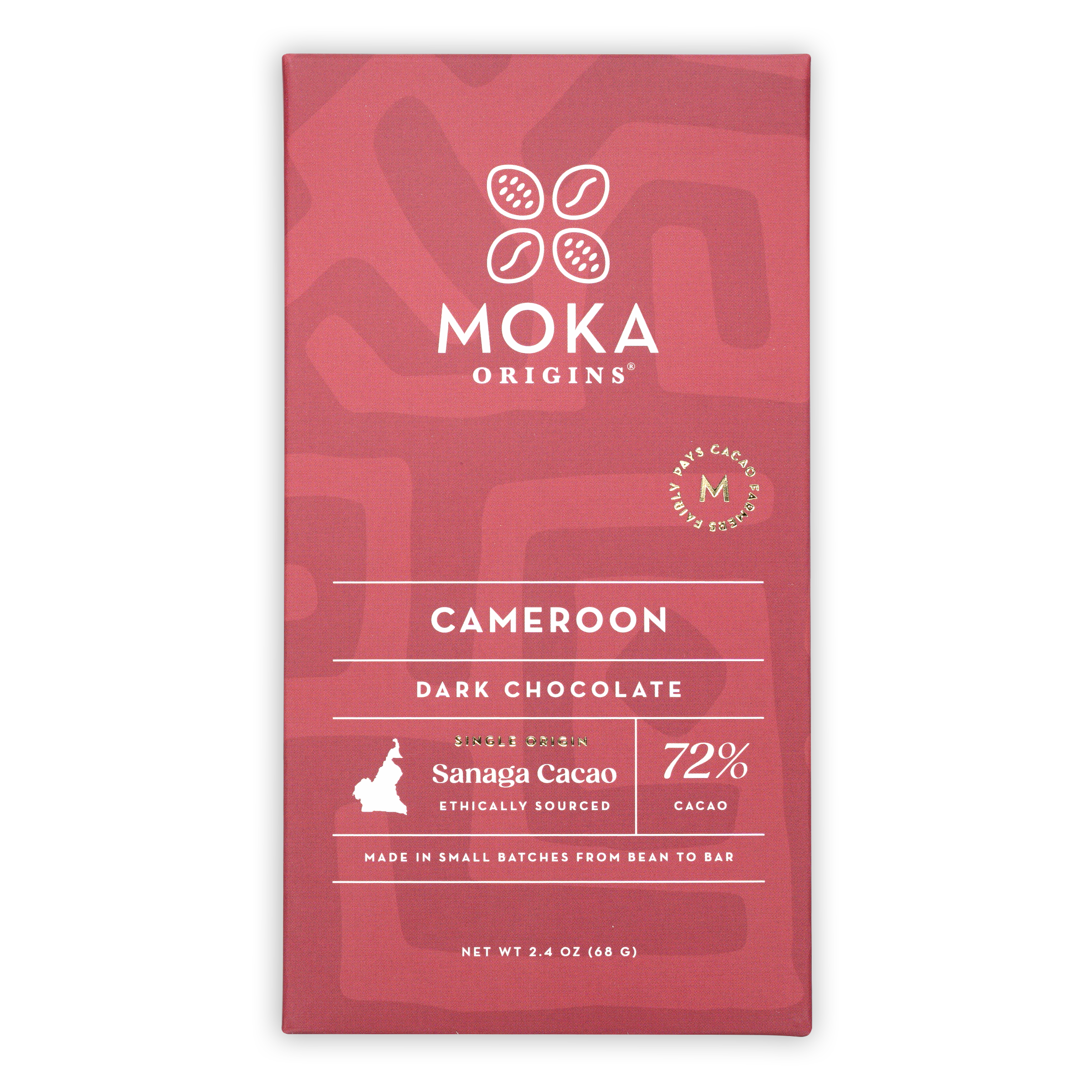 Moka Dark Cameroon 72% cacao bar in red wrapper with cocoa icons