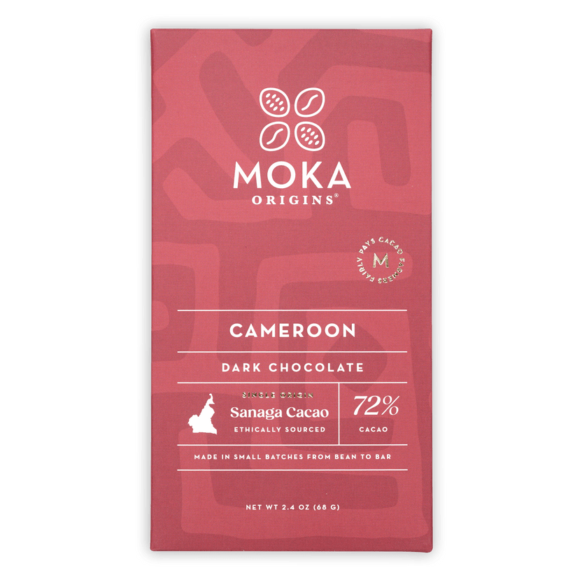 Moka Dark Cameroon 72% cacao bar in red wrapper with cocoa icons