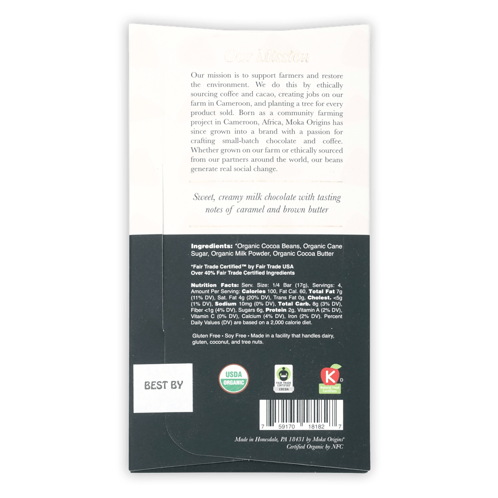 Back of Moka Origins Dark Milk 58% organic chocolate bar wrapper with nutrition facts