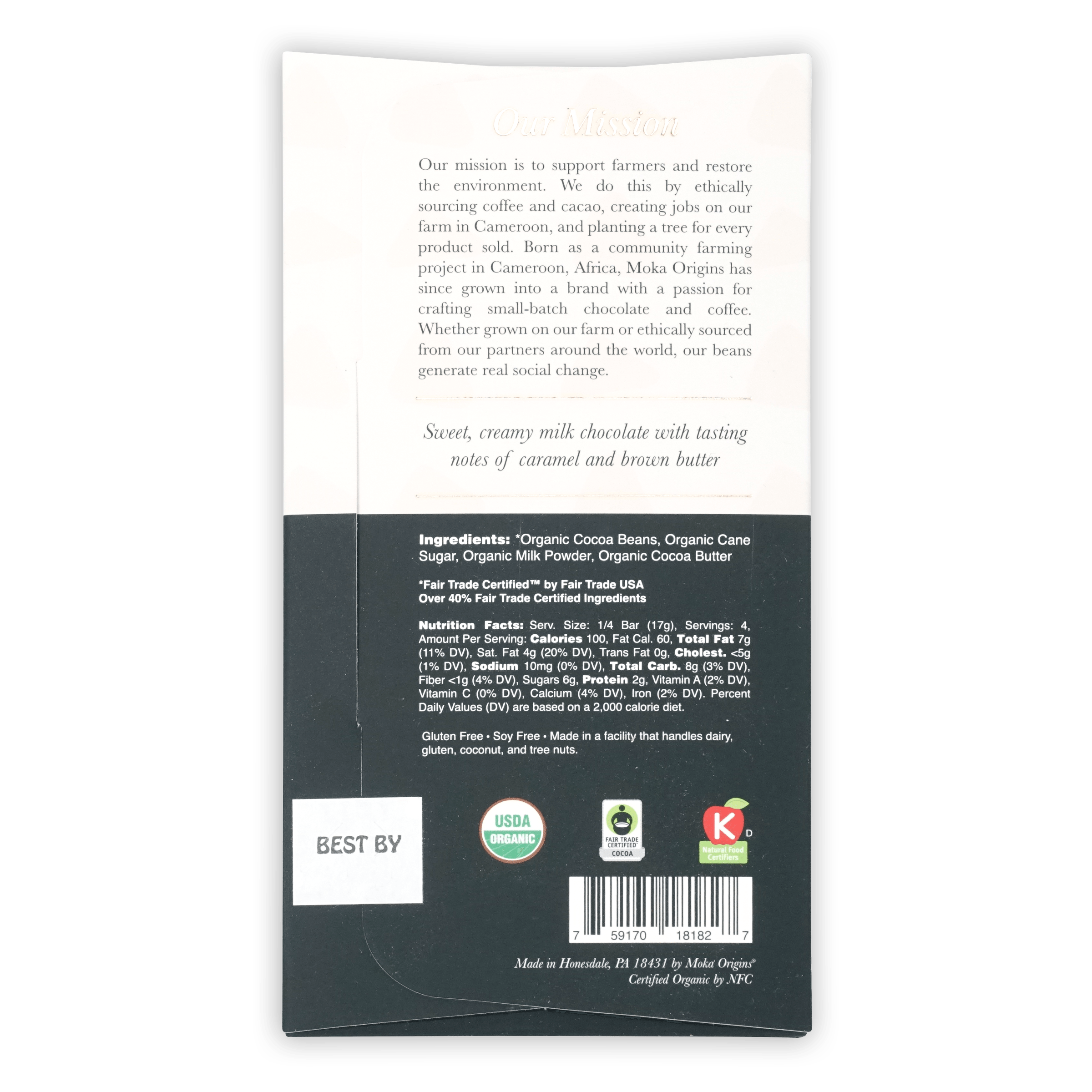 Back of Moka Origins Dark Milk 58% organic chocolate bar wrapper with nutrition facts