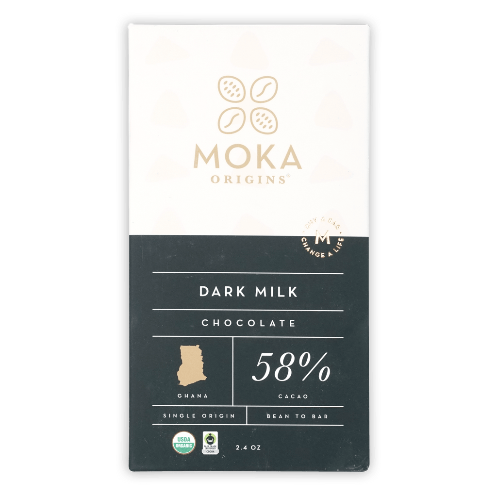 Moka Origins Dark Milk 58% cacao bar from Ghana in sleek wrapper