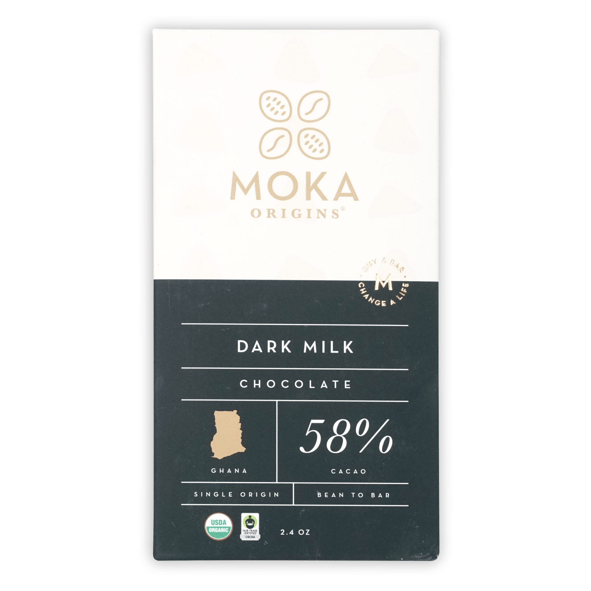 Moka Origins Dark Milk 58% cacao bar from Ghana in sleek wrapper