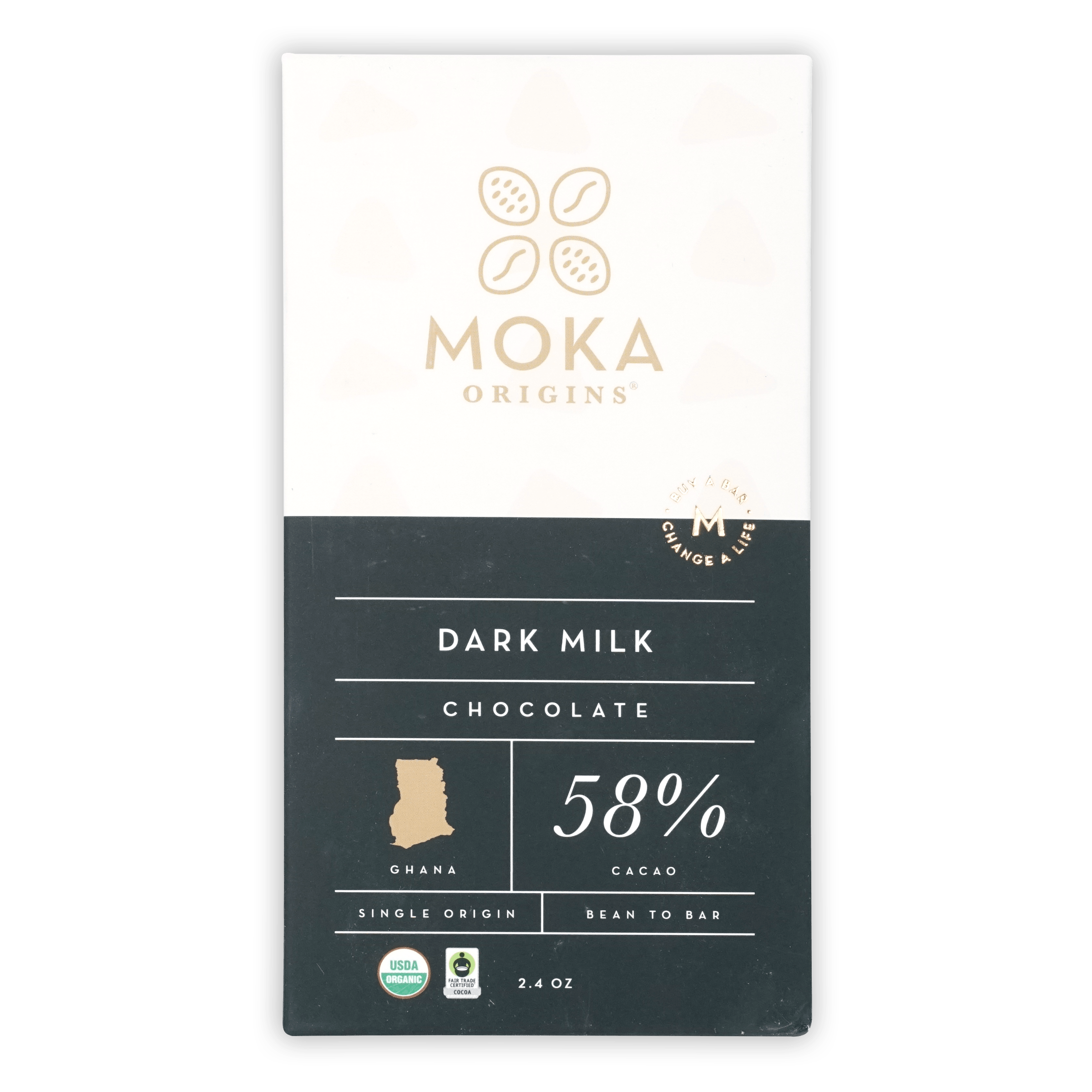 Moka Origins Dark Milk 58% cacao bar from Ghana in sleek wrapper