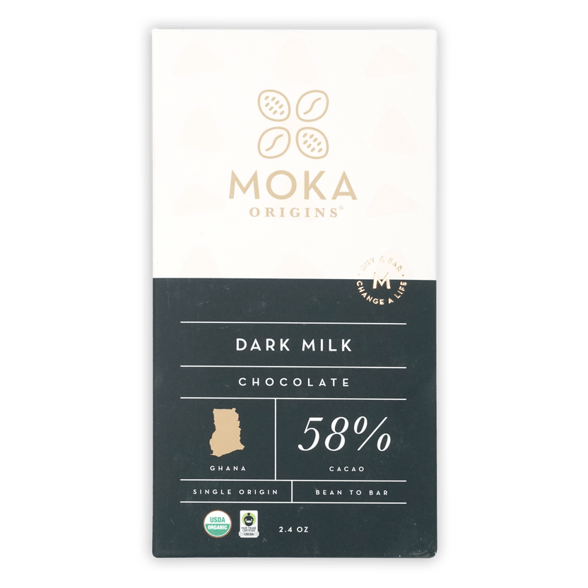 Moka Origins Dark Milk 58% cacao bar from Ghana in sleek wrapper