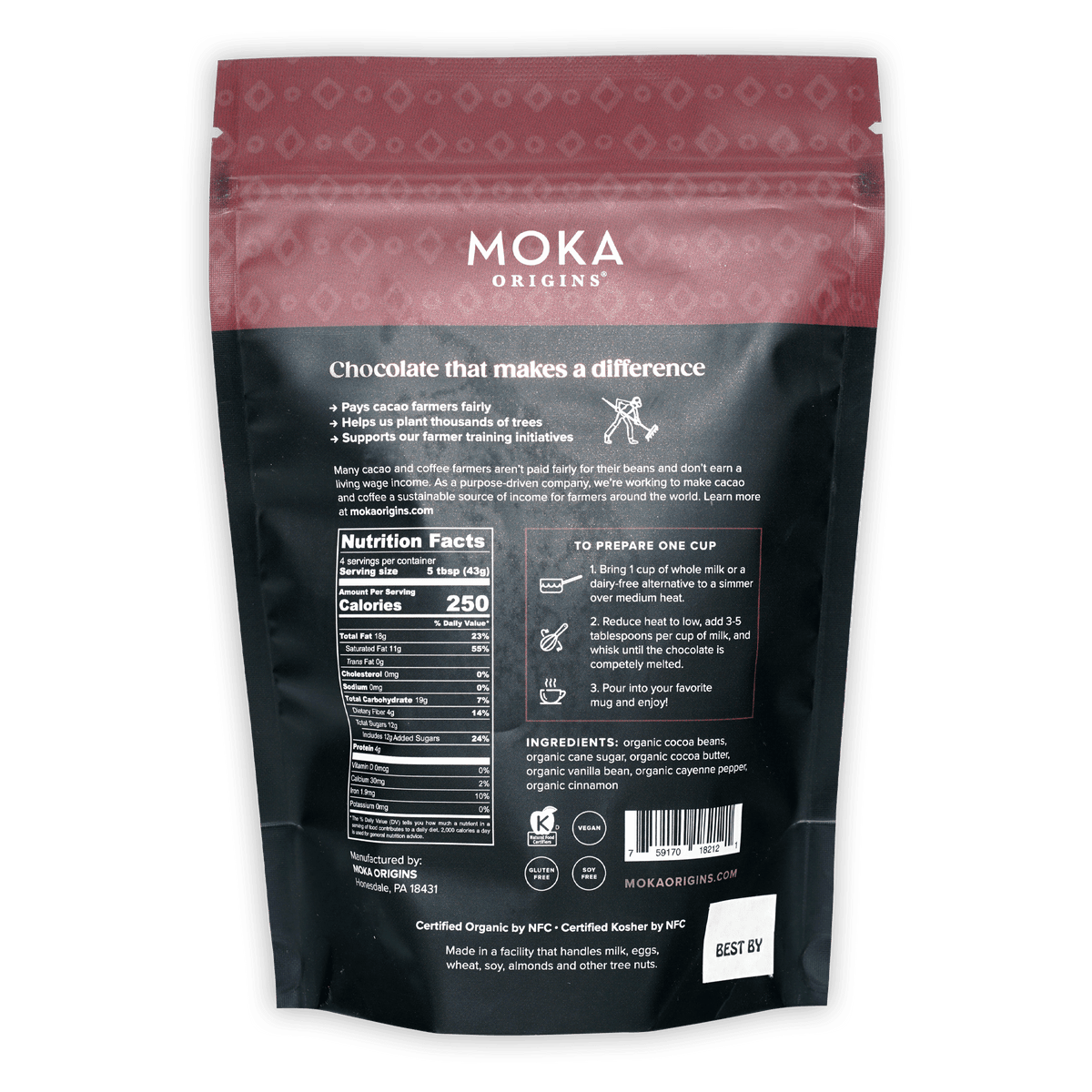 Moka origins organic Mexican spice 72% drinking chocolate in resealable pouch