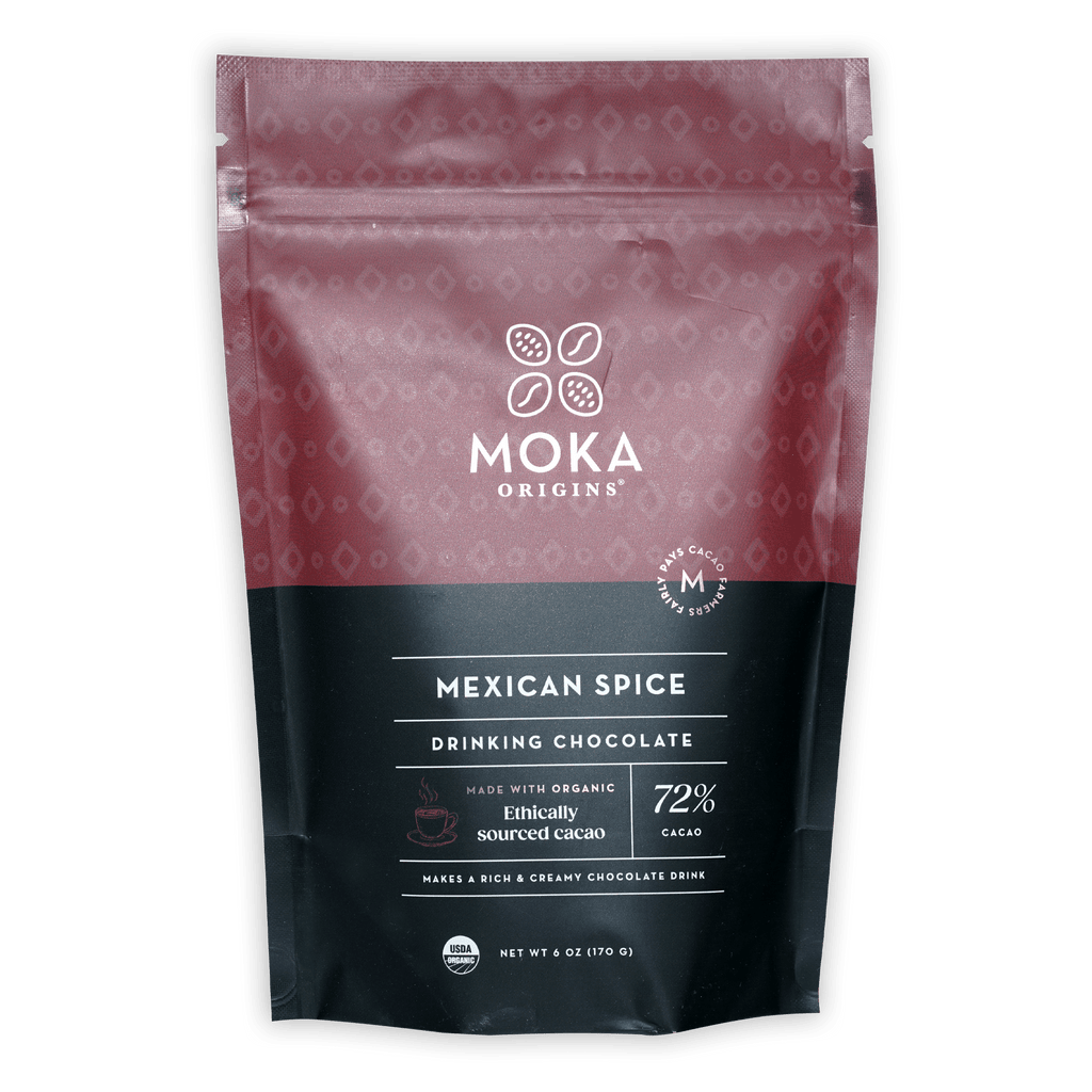 Moka Mexican Spice 72% drinking chocolate in pink black resealable pouch