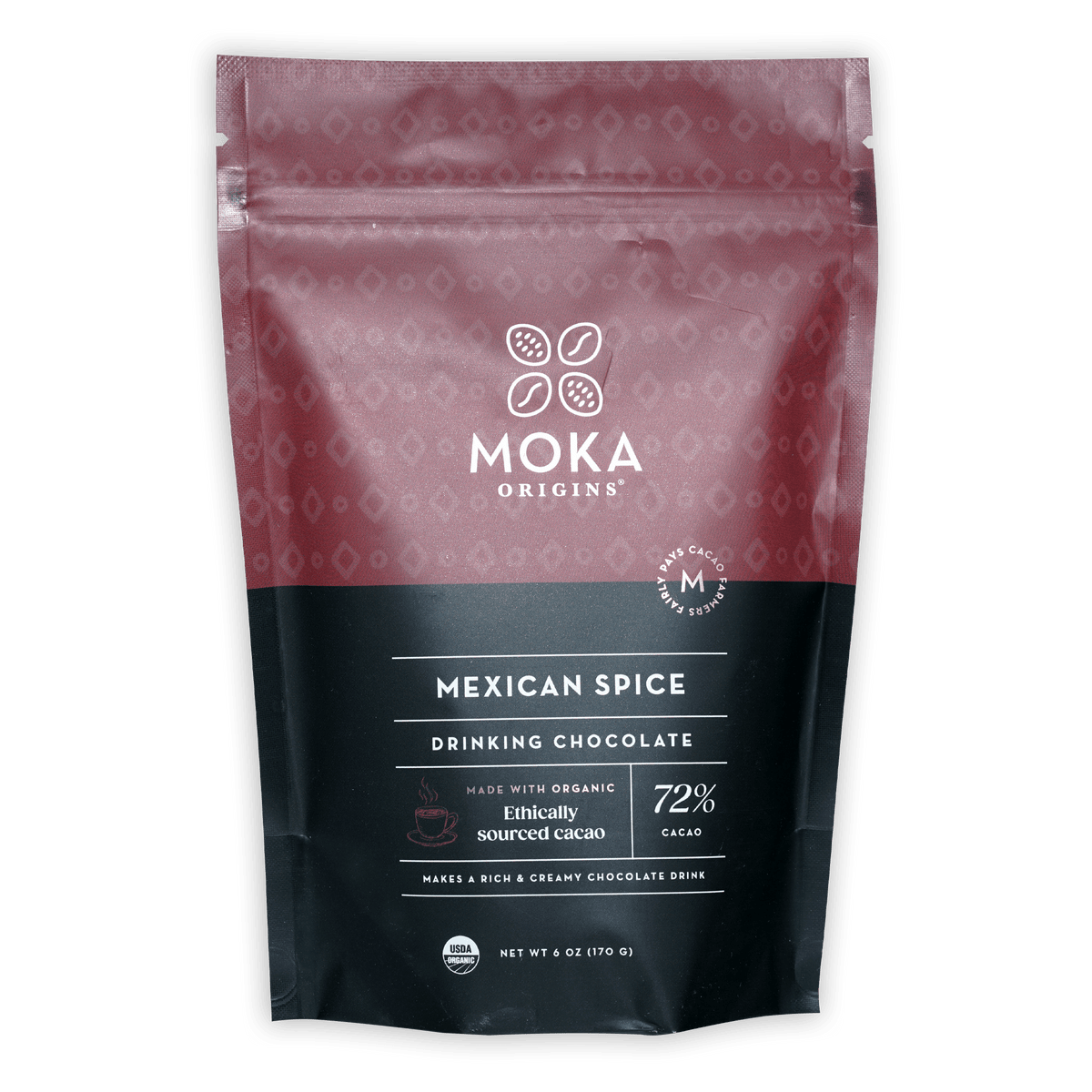 Moka Mexican Spice 72% drinking chocolate in pink black resealable pouch