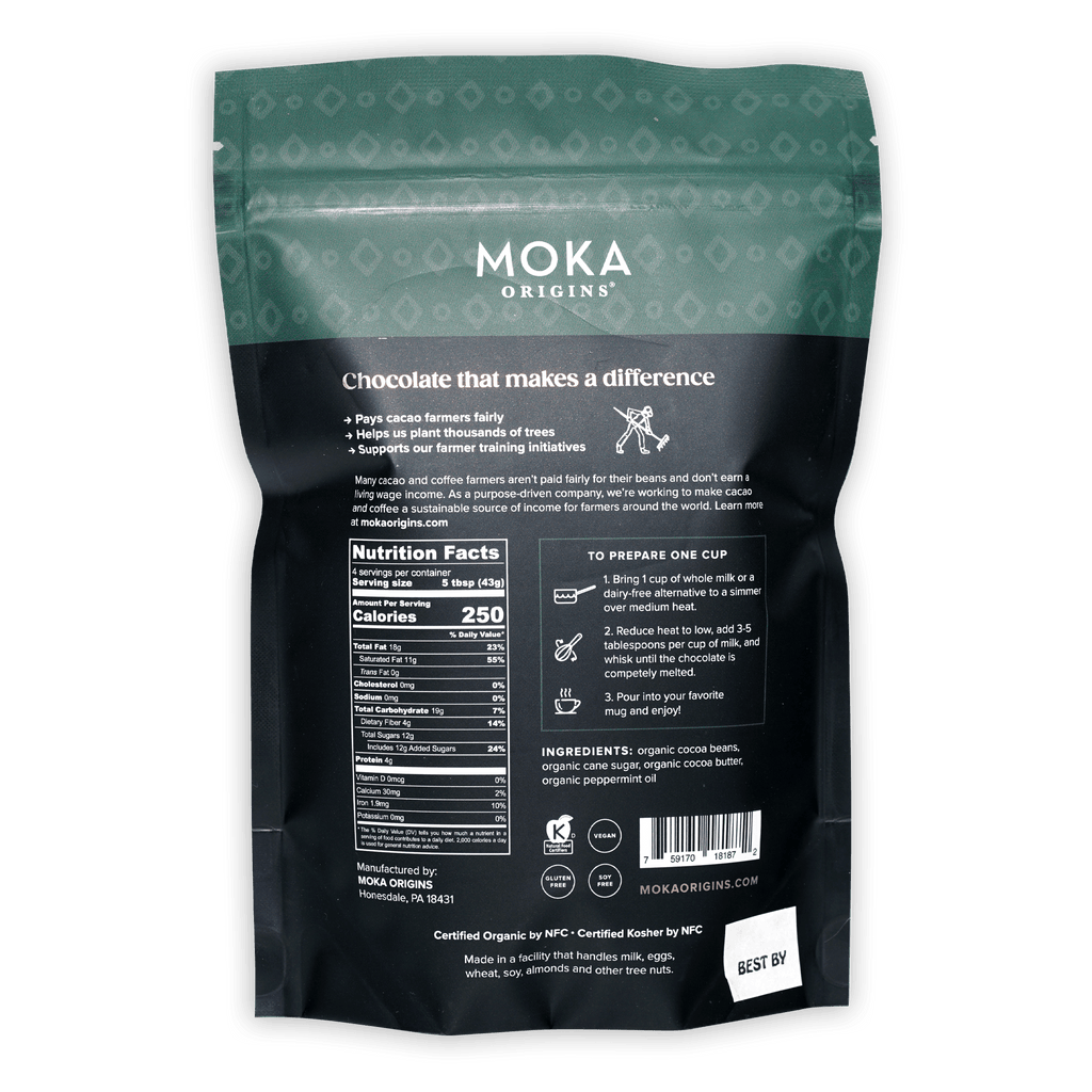 Moka Origins organic chocolate bar in dark green black pouch for Dark Peppermint 72%