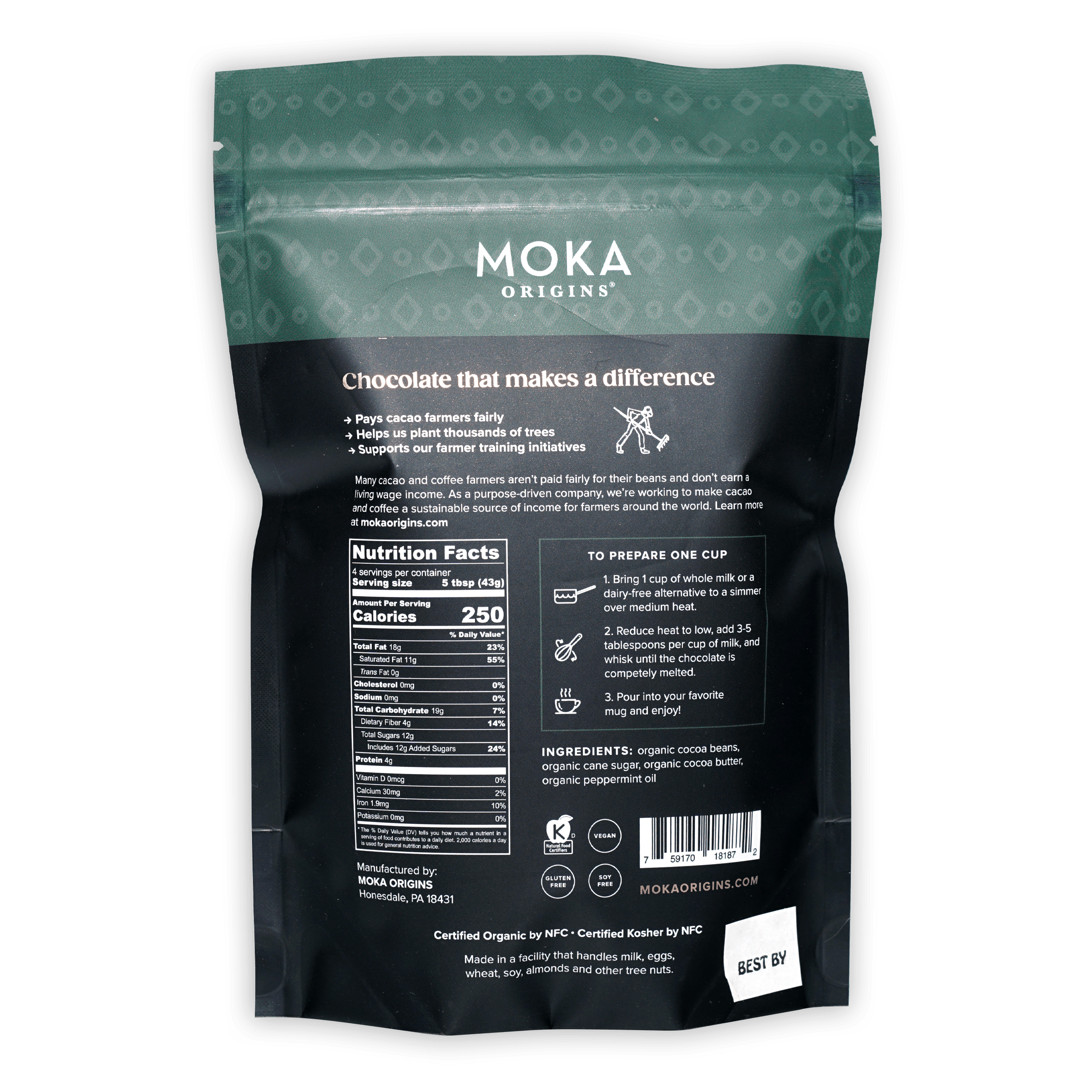 Moka Origins organic chocolate bar in dark green black pouch for Dark Peppermint 72%