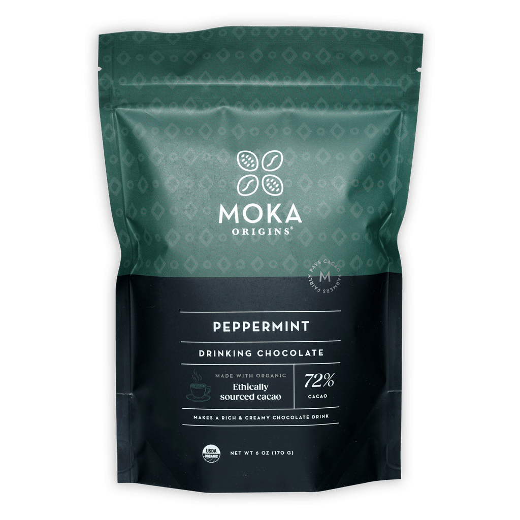 Moka origins peppermint drinking chocolate dark 72% in teal black pouch