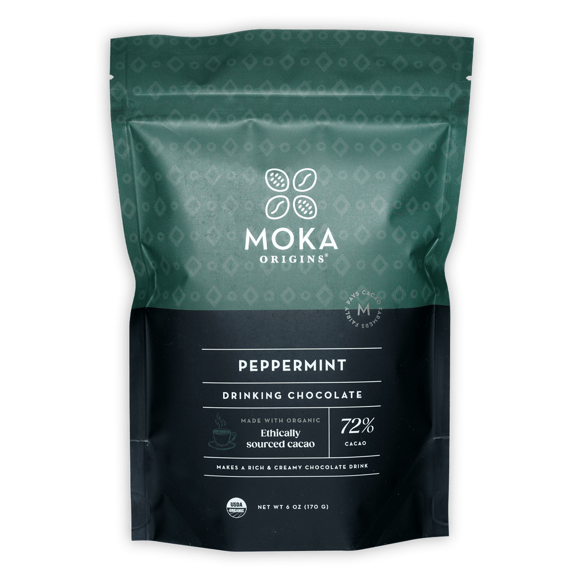 Moka origins peppermint drinking chocolate dark 72% in teal black pouch