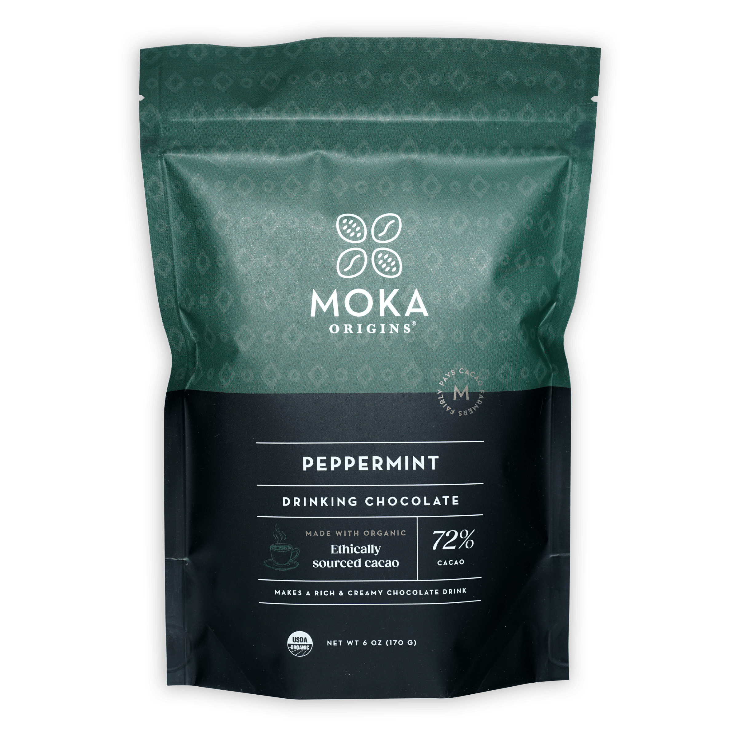 Moka origins peppermint drinking chocolate dark 72% in teal black pouch