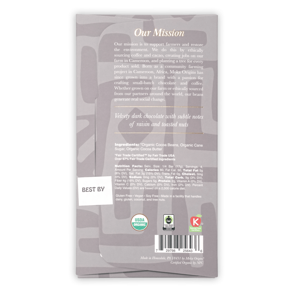 Moka Dark Ghana 72% gray wrapper with organic fair-trade certifications