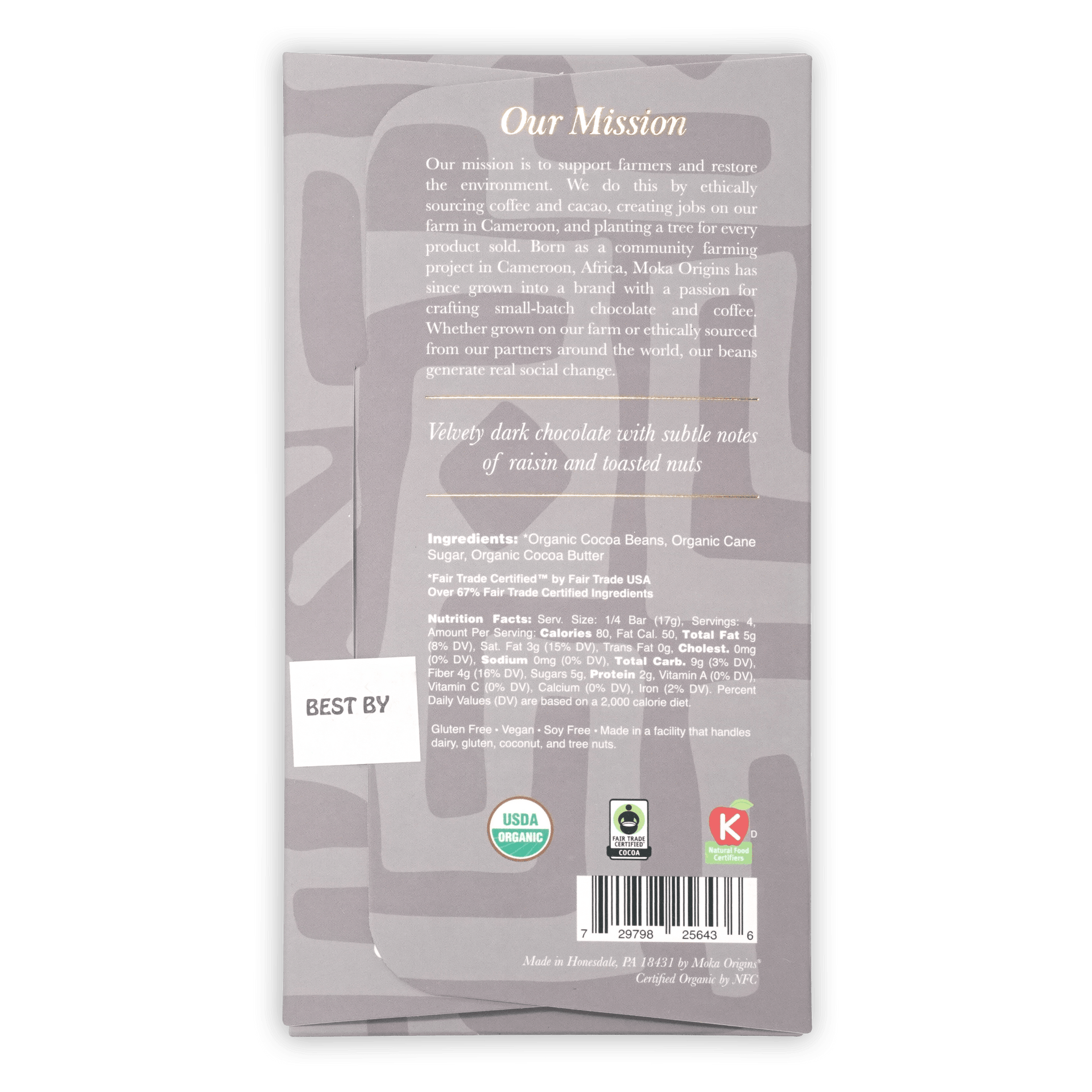 Moka Dark Ghana 72% gray wrapper with organic fair-trade certifications