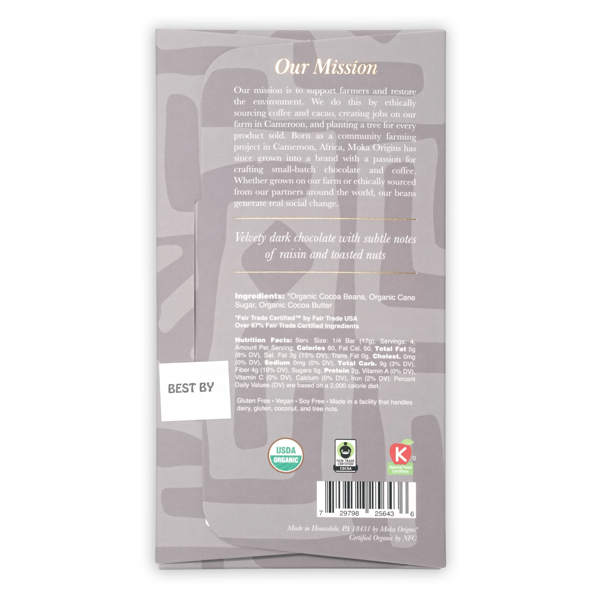 Moka Dark Ghana 72% gray wrapper with organic fair-trade certifications