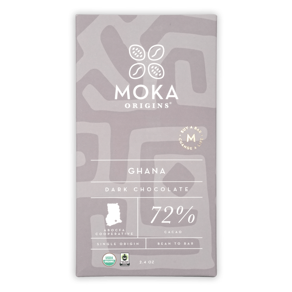 Moka Dark Ghana 72% cacao bar in sleek gray wrapper