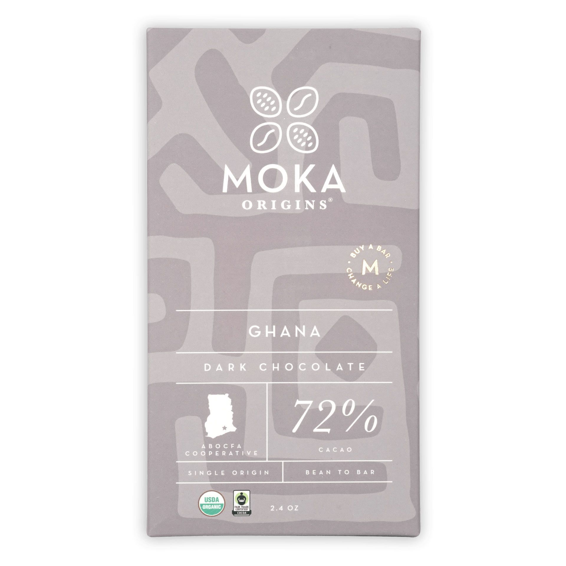 Moka Dark Ghana 72% cacao bar in sleek gray wrapper
