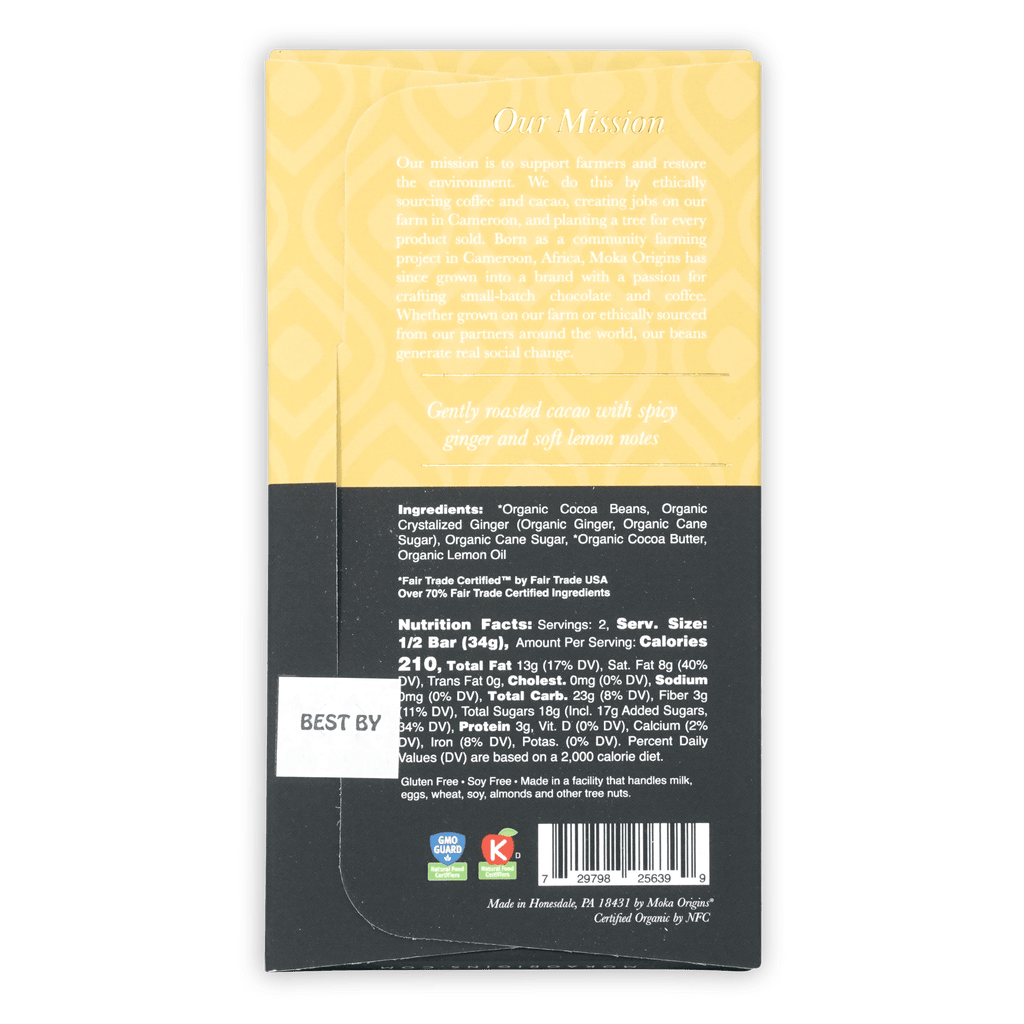 Moka Origins yellow black organic ginger dark chocolate bar with lemon ginger 72%