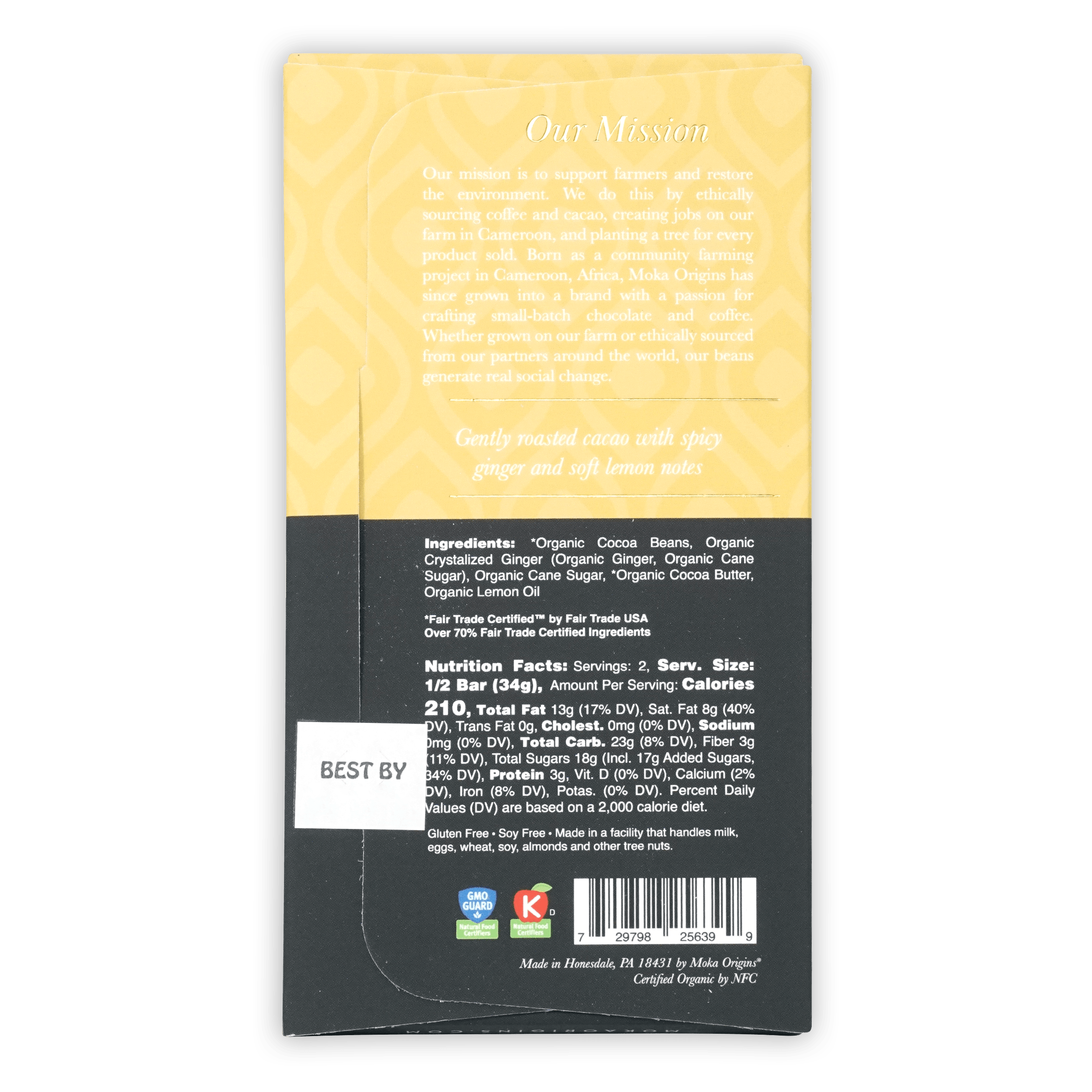 Moka Origins yellow black organic ginger dark chocolate bar with lemon ginger 72%