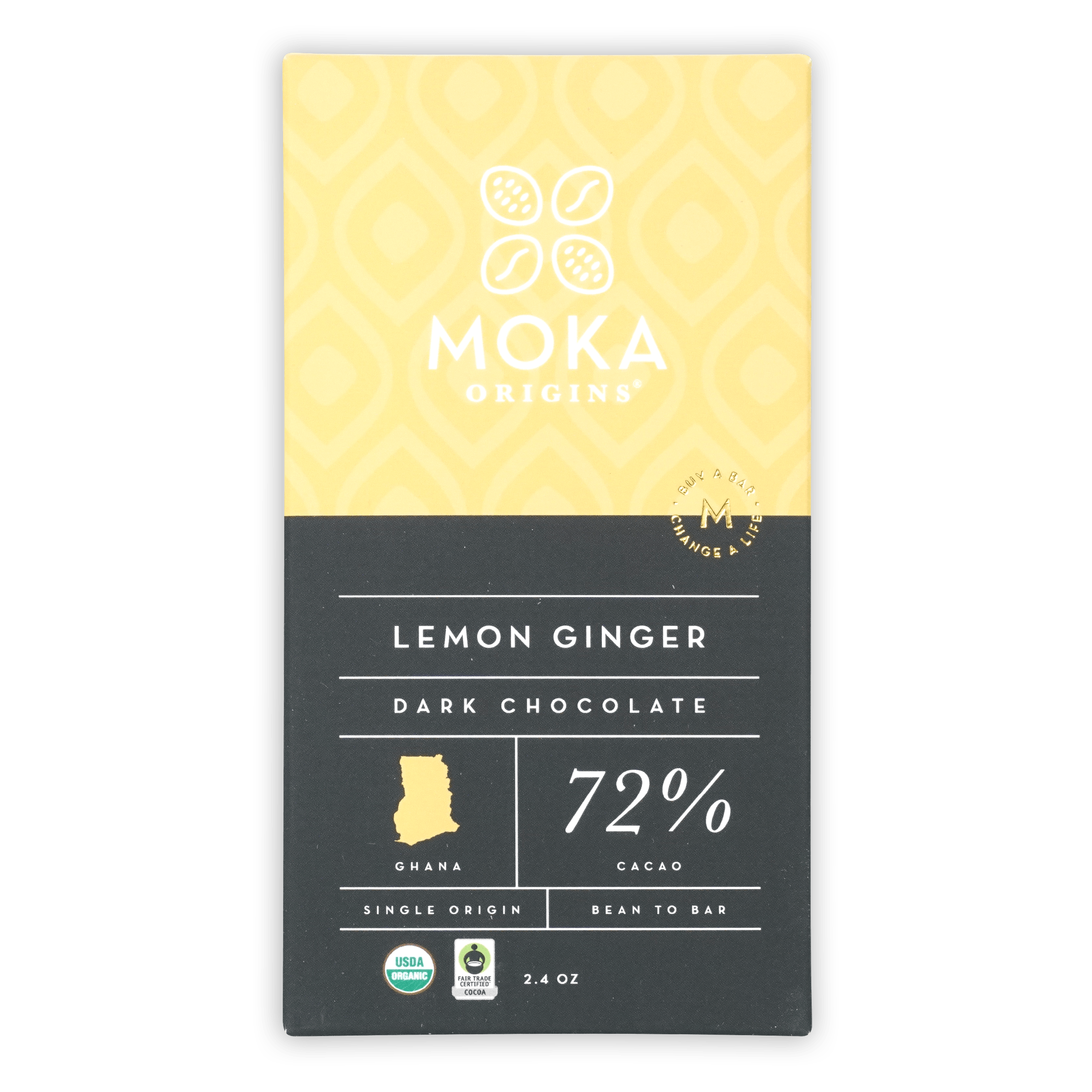 Moka lemon ginger dark chocolate bar 72% cacao from Ghana