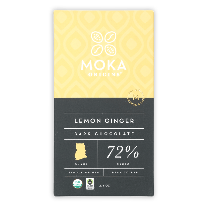 Moka lemon ginger dark chocolate bar 72% cacao from Ghana