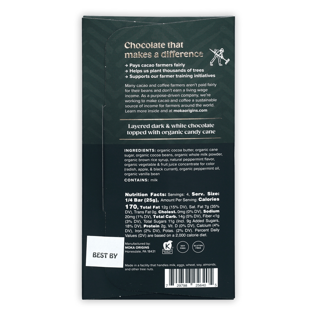 Back of the green Moka Origins peppermint box with ingredients and a nutrition facts panel.