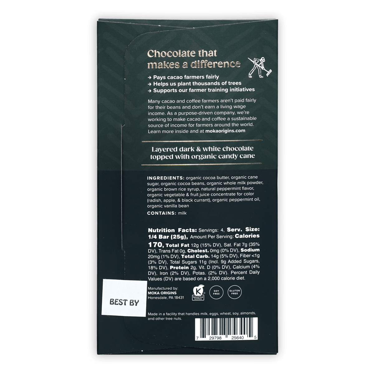 Back of the green Moka Origins peppermint box with ingredients and a nutrition facts panel.