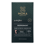 Front of the green Moka Origins Peppermint box, dark and white chocolate, Ghana, 72% cacao.