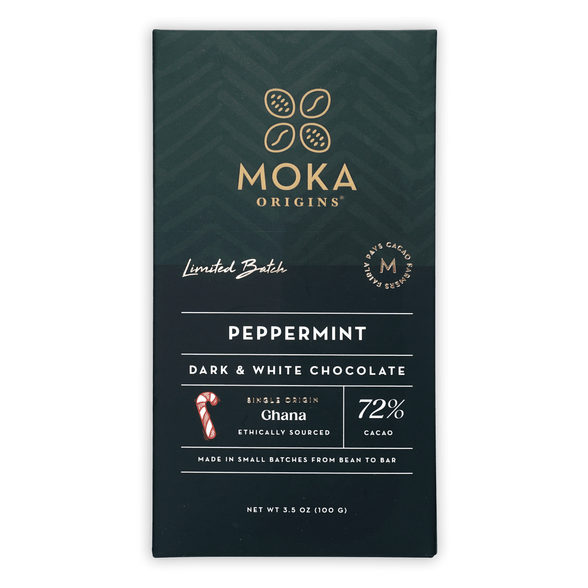 Front of the green Moka Origins Peppermint box, dark and white chocolate, Ghana, 72% cacao.