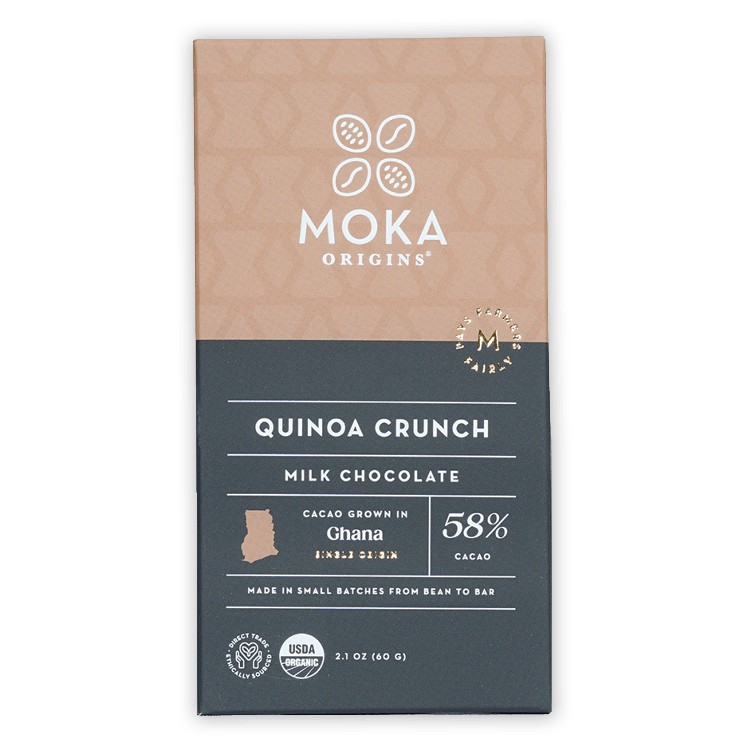 Moka Quinoa Crunch Milk Chocolate 58% bar in beige gray wrapper with gold foil