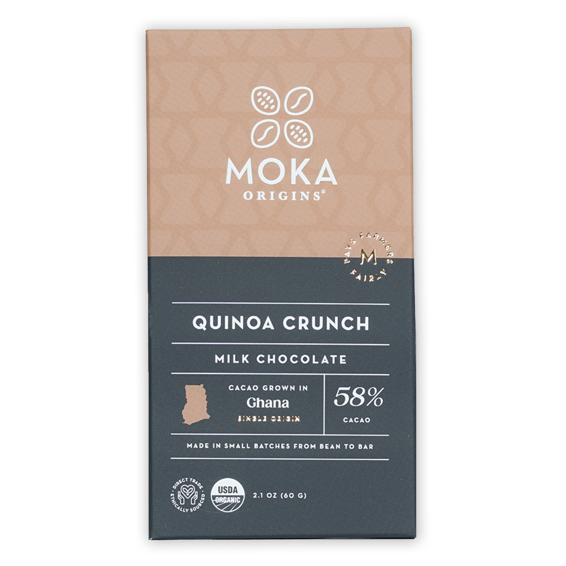 Moka Quinoa Crunch Milk Chocolate 58% bar in beige gray wrapper with gold foil