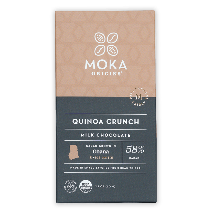 Moka Quinoa Crunch Milk Chocolate 58% bar in beige gray wrapper with gold foil
