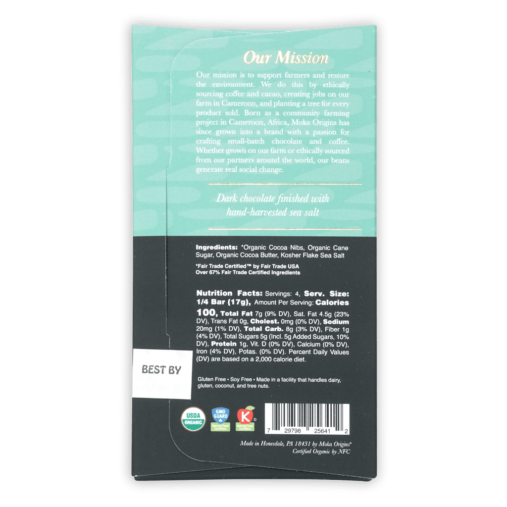 Moka Dark Chocolate w/ Sea Salt 72% bar in sleek teal black matte wrapper