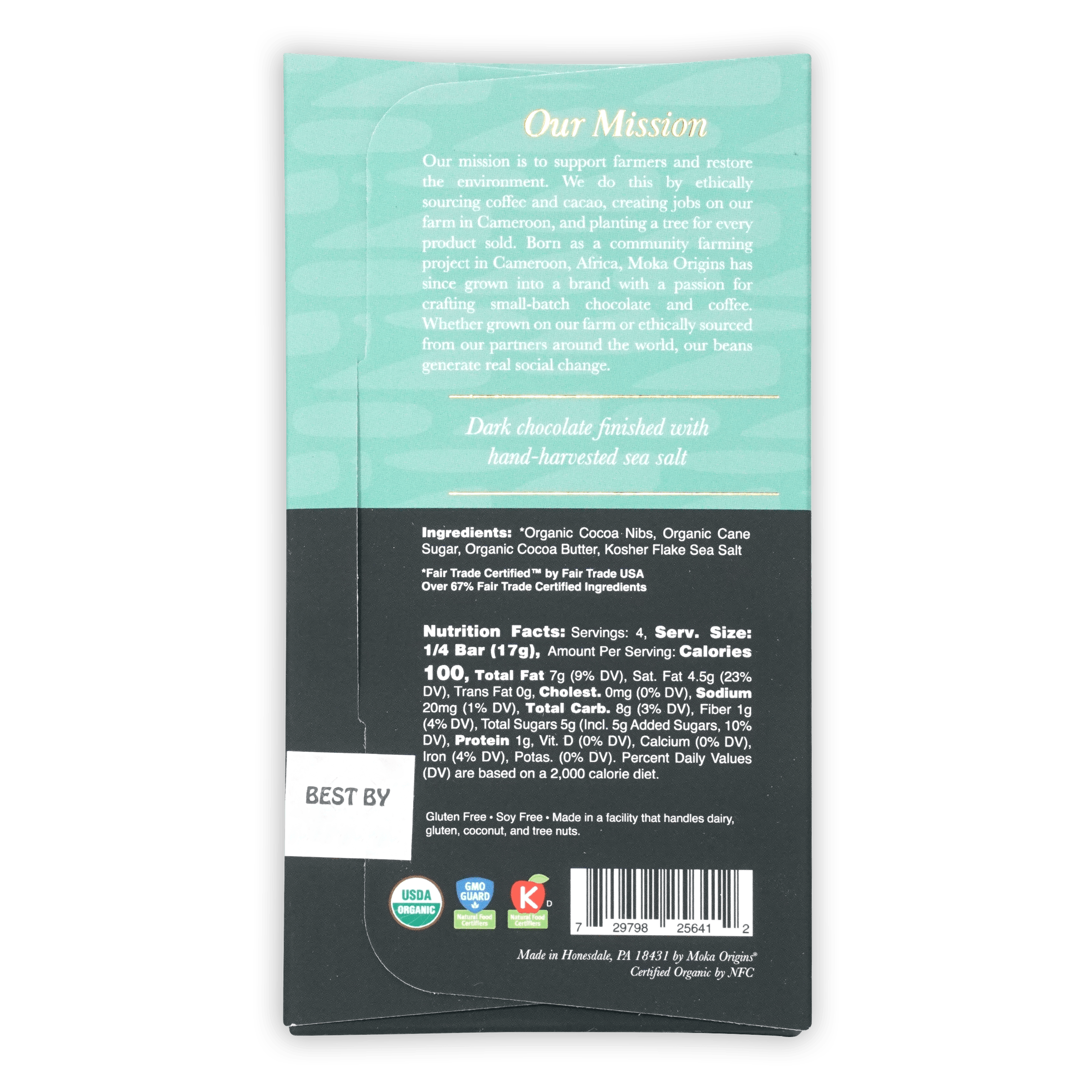 Moka Dark Chocolate w/ Sea Salt 72% bar in sleek teal black matte wrapper