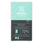 Moka Dark Chocolate w/ Sea Salt 72% bar from Ghana in teal packaging