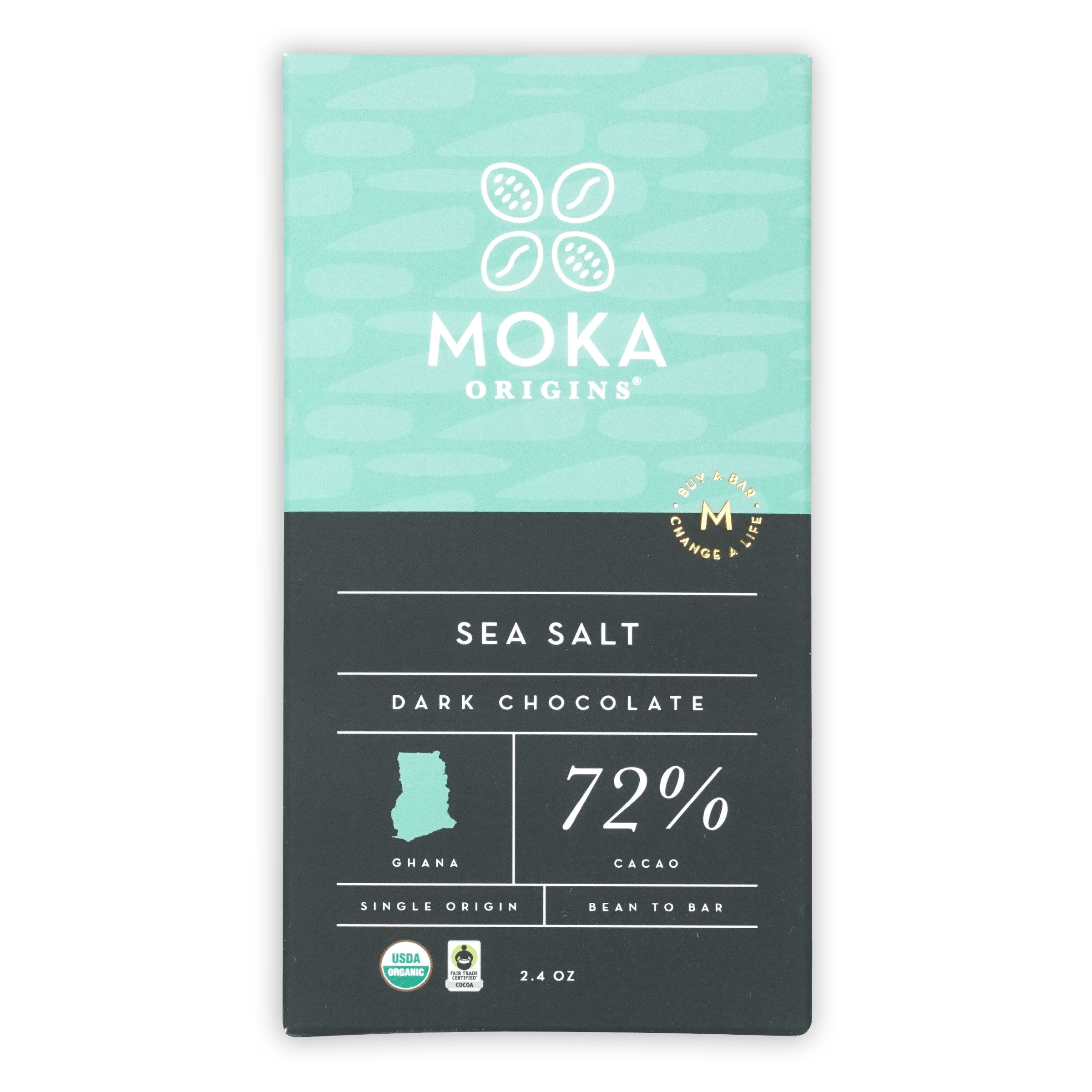 Moka Dark Chocolate w/ Sea Salt 72% bar from Ghana in teal packaging