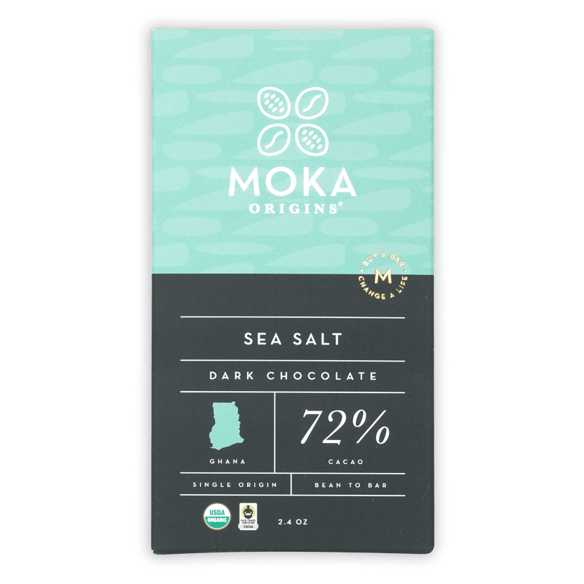 Moka Dark Chocolate w/ Sea Salt 72% bar from Ghana in teal packaging