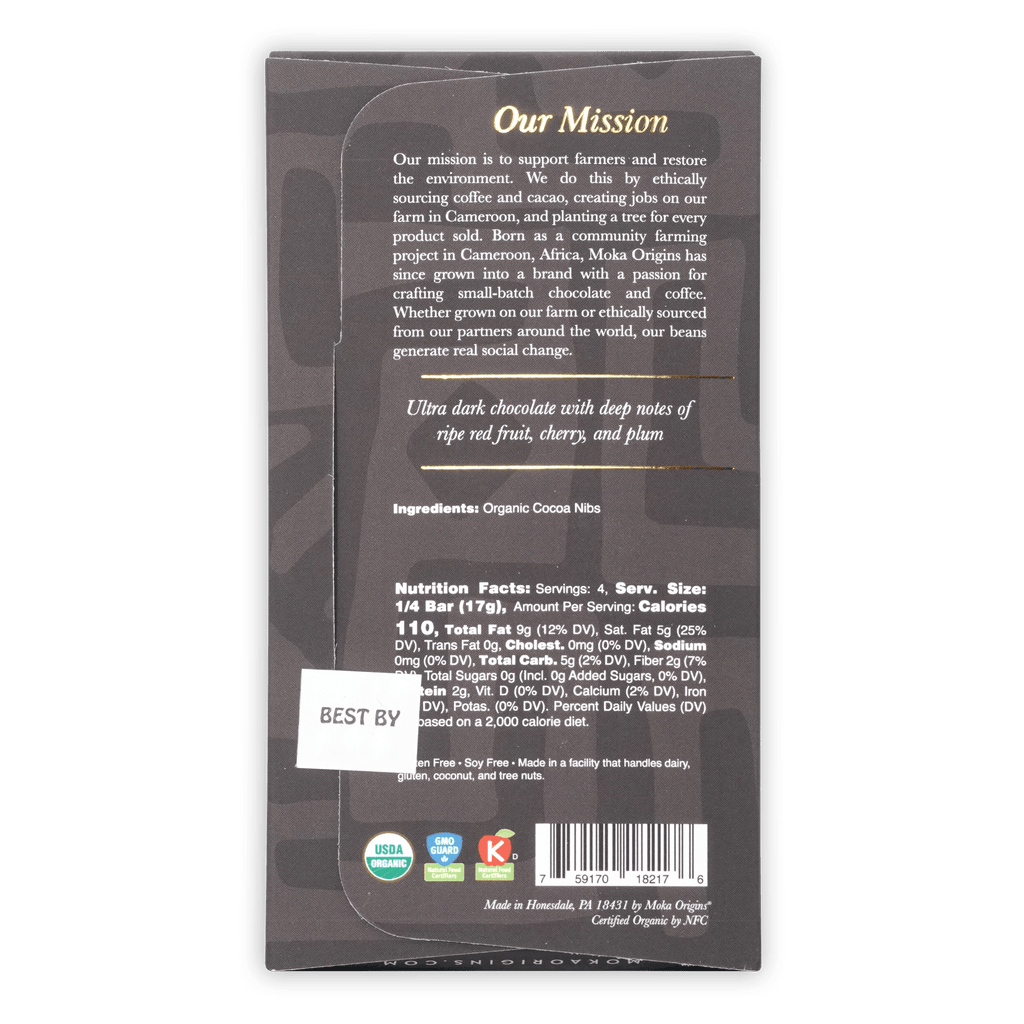 Moka Dark Tanzania 100% chocolate bar wrapper in dark gray with gold text
