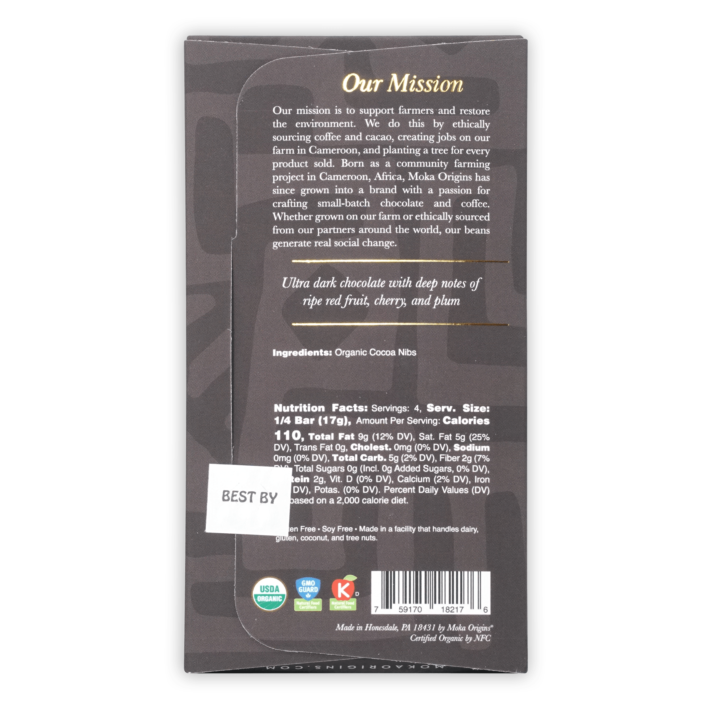 Moka Dark Tanzania 100% chocolate bar wrapper in dark gray with gold text