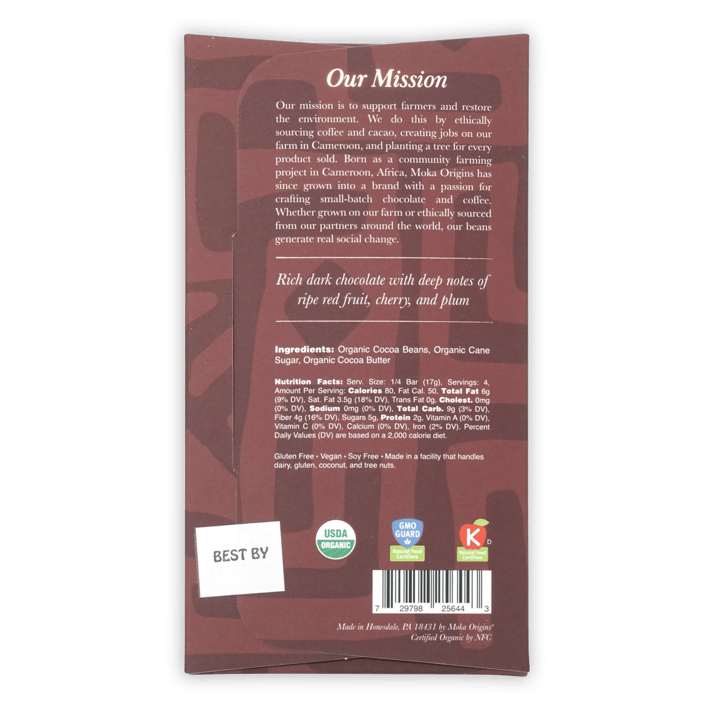 Back of Moka Dark Tanzania 72% organic chocolate bar wrapper