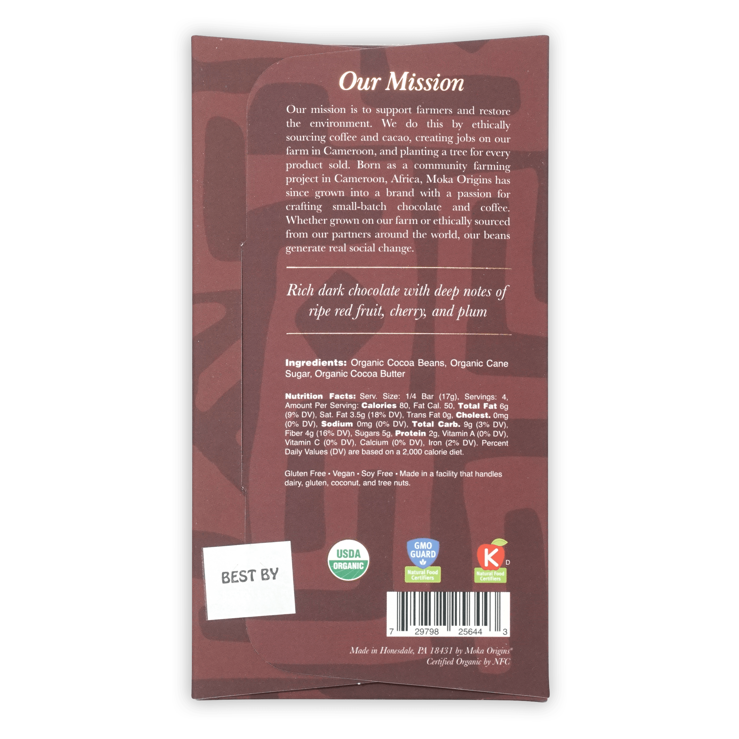 Back of Moka Dark Tanzania 72% organic chocolate bar wrapper