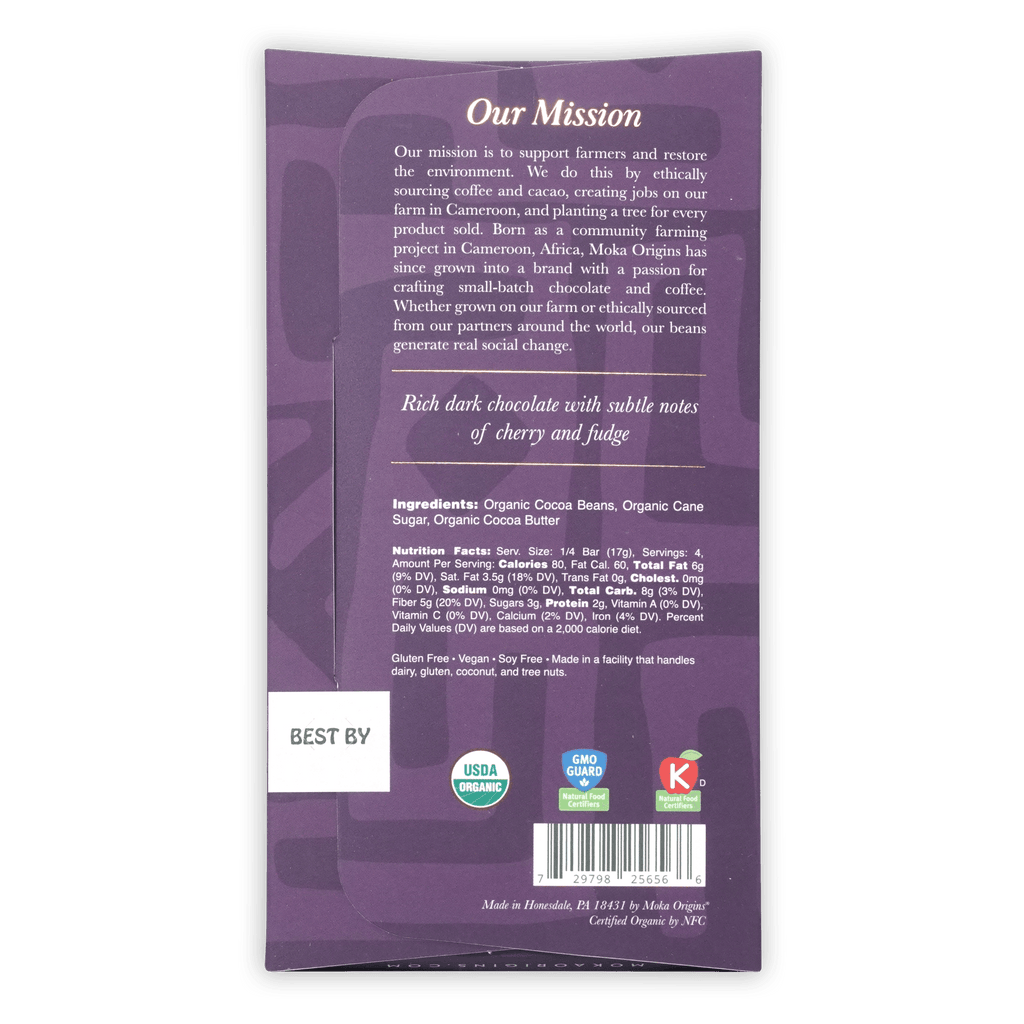 Moka Dark Tanzania 85% purple packaging with organic logos and nutrition info