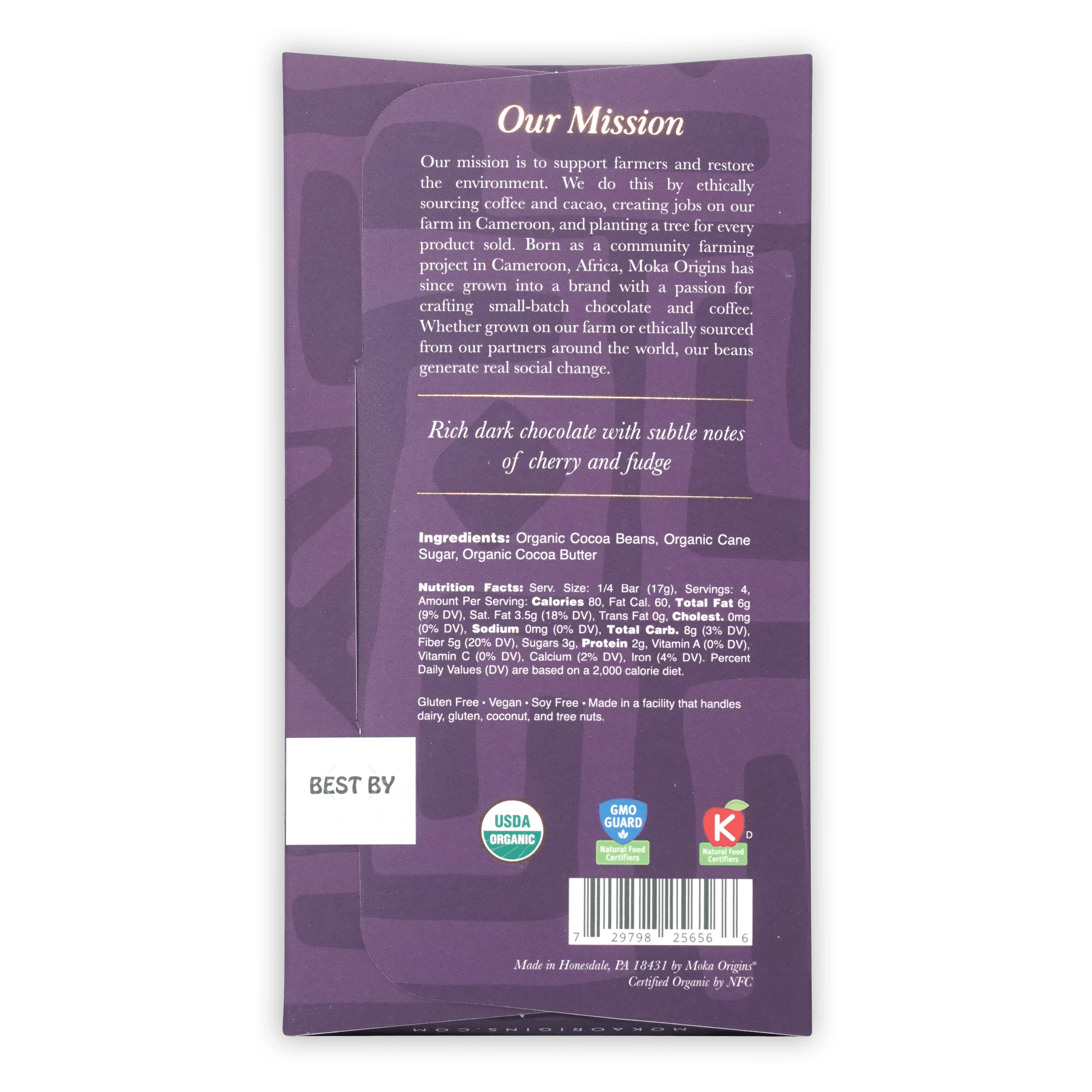 Moka Dark Tanzania 85% purple packaging with organic logos and nutrition info