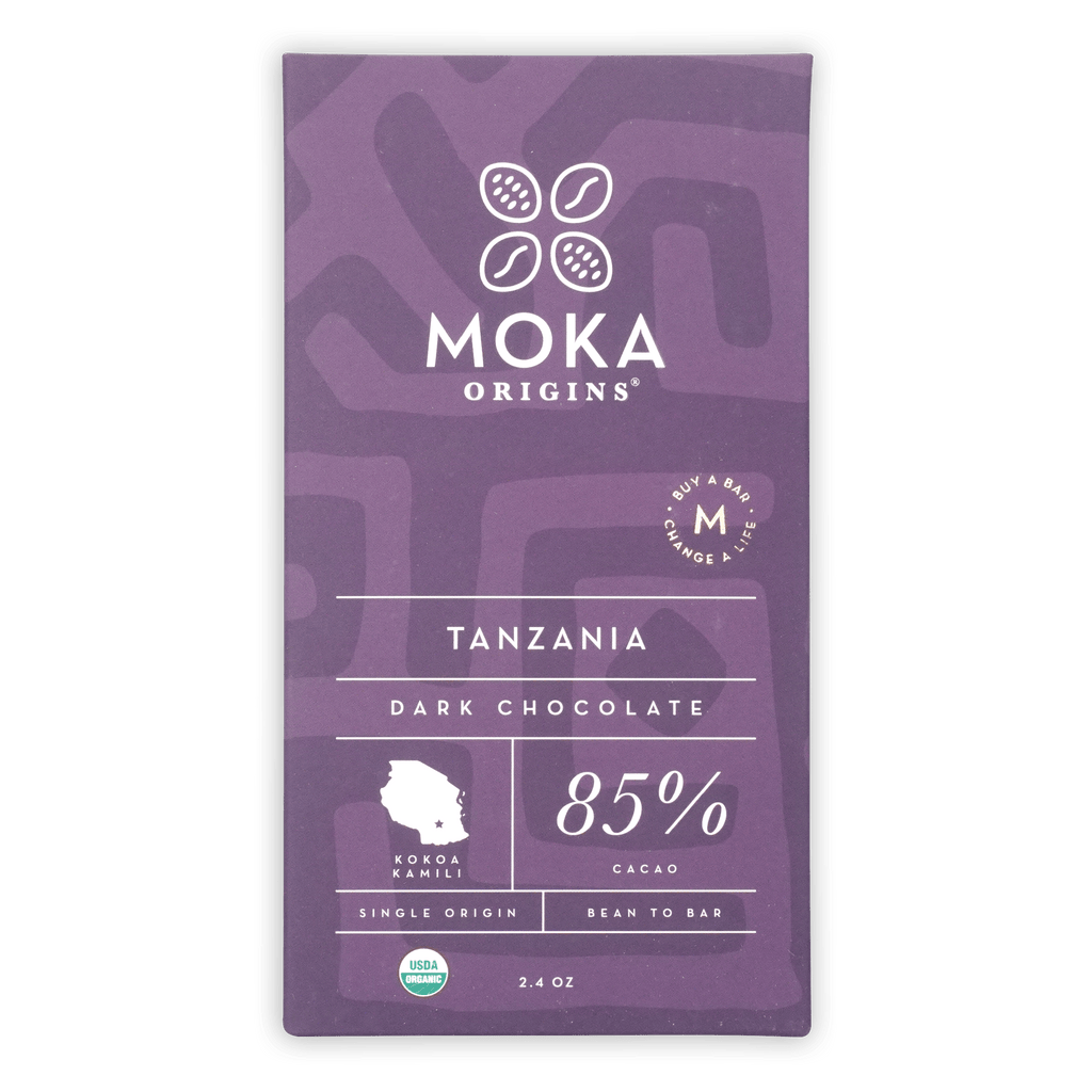 Purple Moka Origins Tanzania dark chocolate bar, 85% cacao, single origin