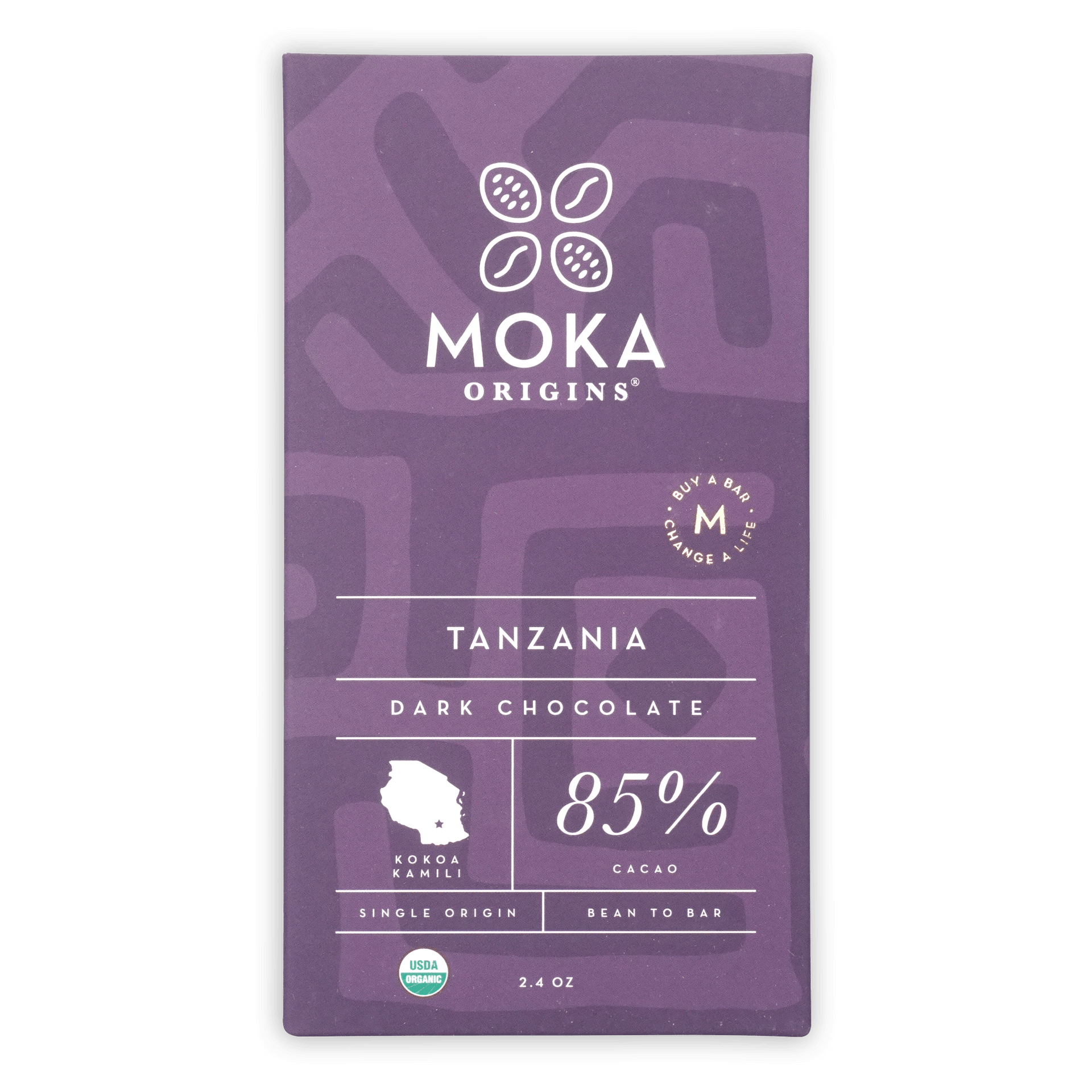 Purple Moka Origins Tanzania dark chocolate bar, 85% cacao, single origin