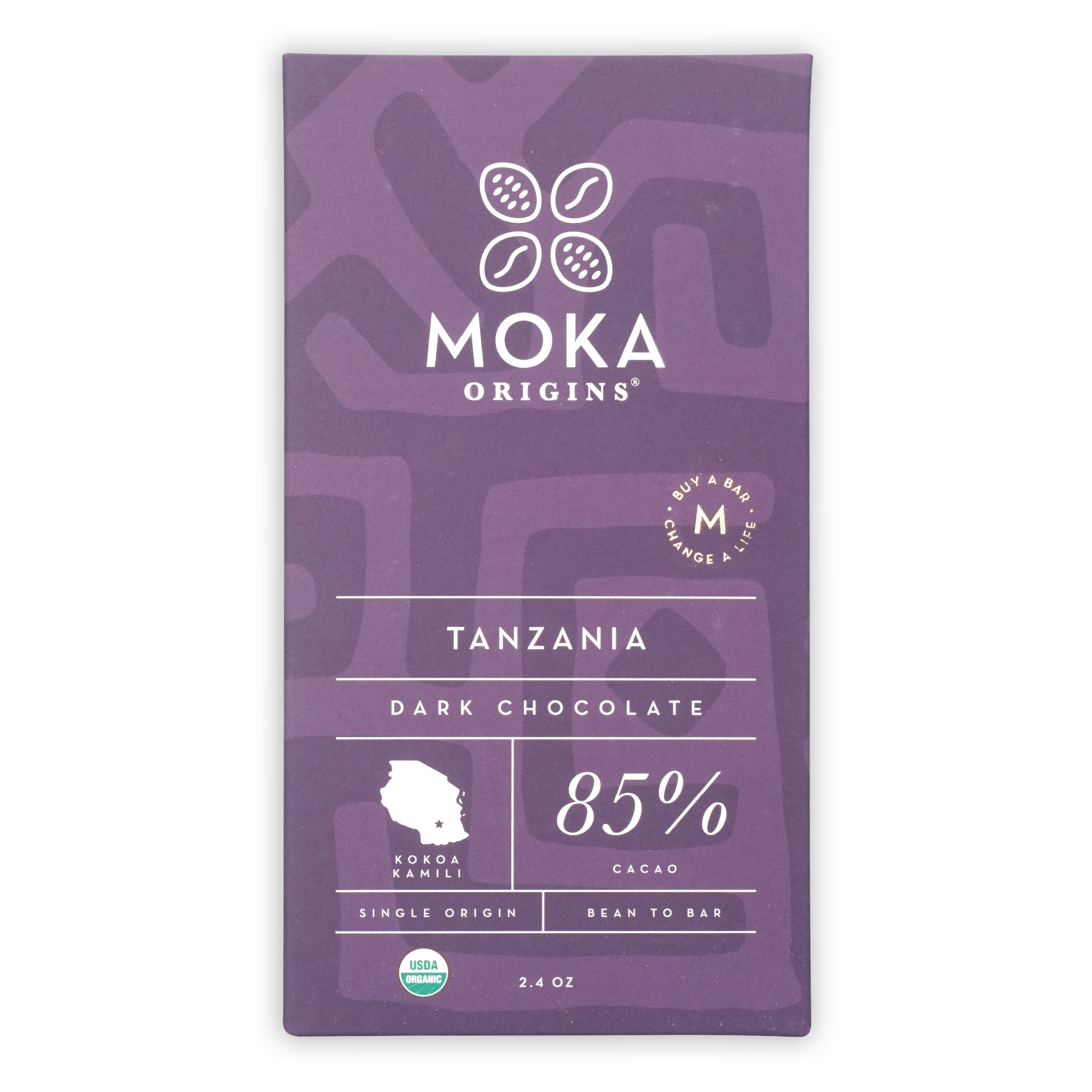 Purple Moka Origins Tanzania dark chocolate bar, 85% cacao, single origin