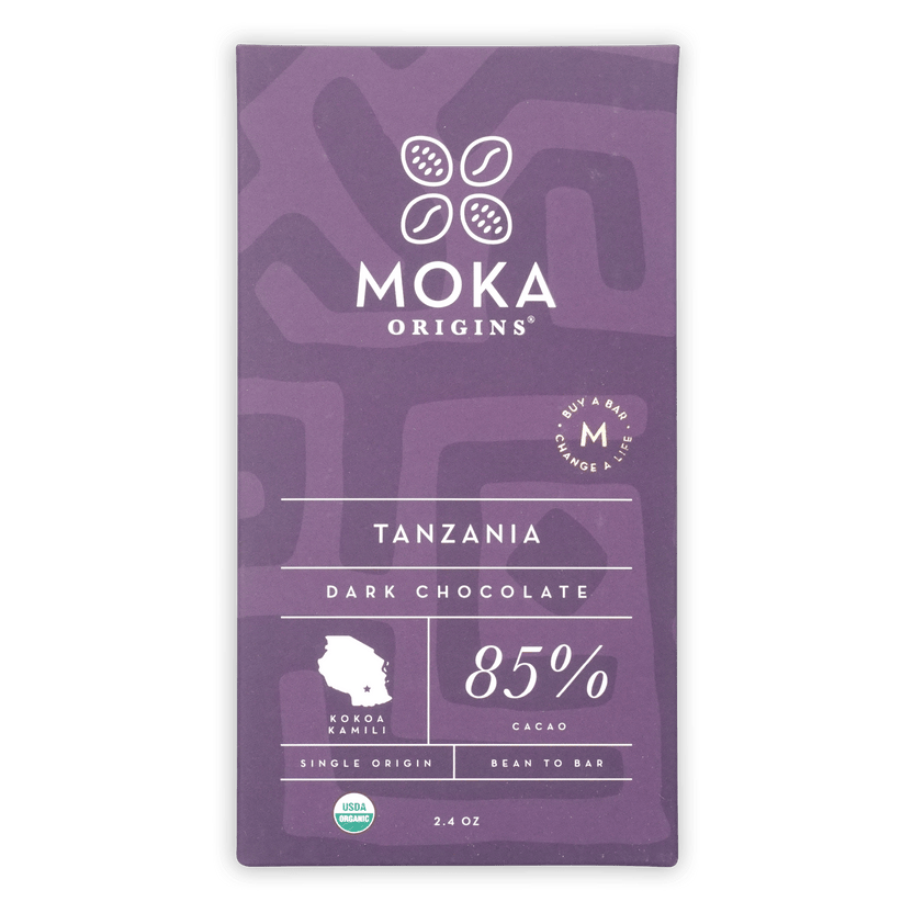 Purple Moka Origins Tanzania dark chocolate bar, 85% cacao, single origin