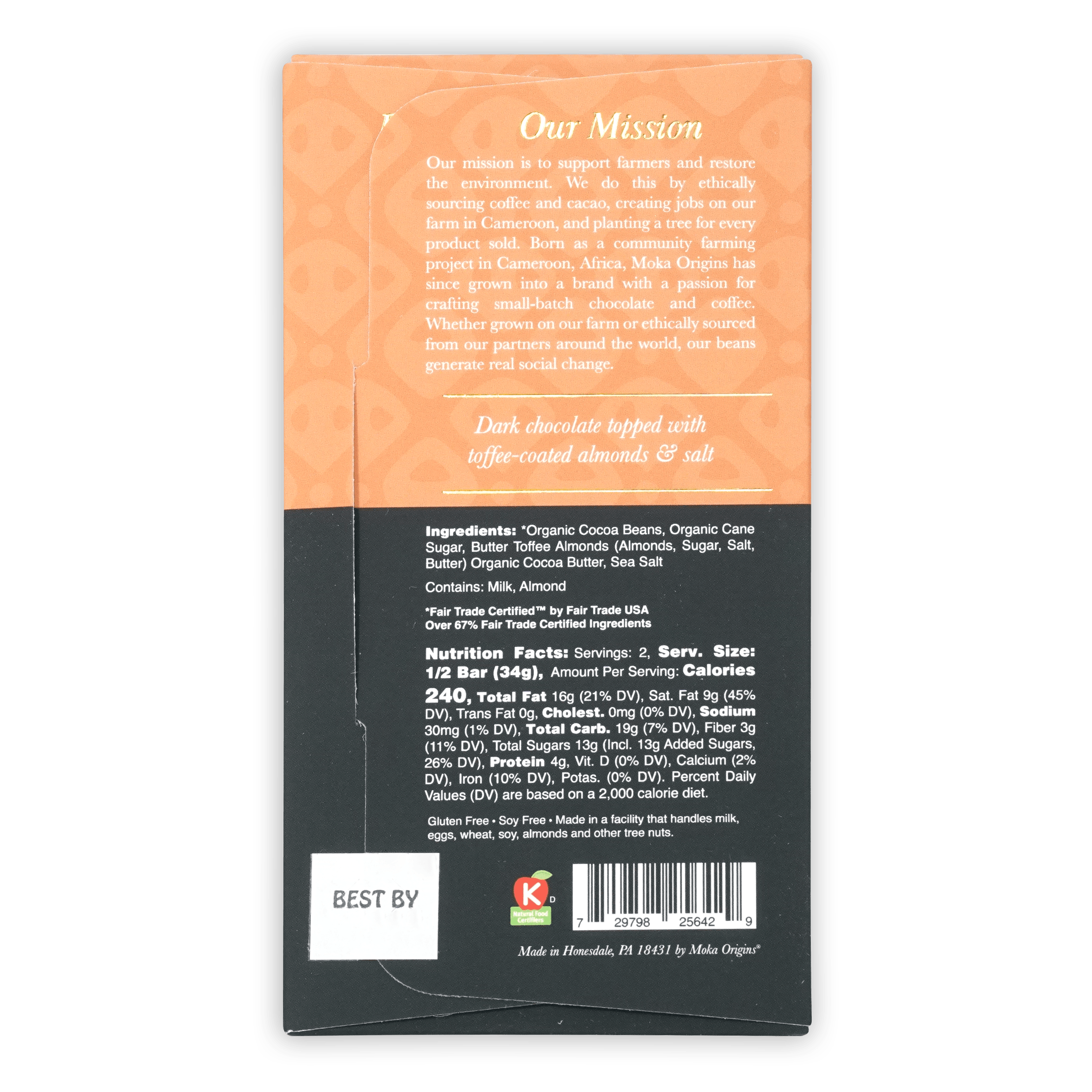 Back of Moka Origins Dark Chocolate w/ Toffee Almonds 72% wrapper