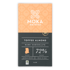 Moka toffee almond dark chocolate bar, 72% Ghana cacao, orange black package