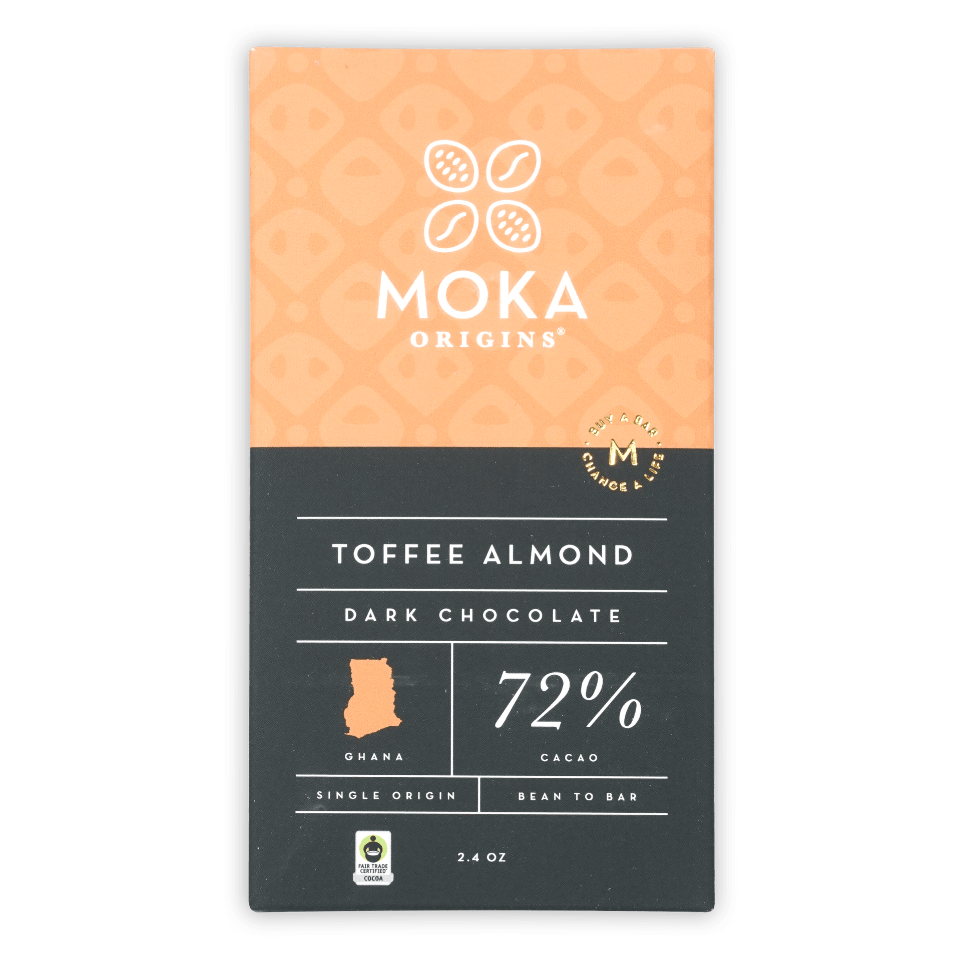 Moka toffee almond dark chocolate bar, 72% Ghana cacao, orange black package